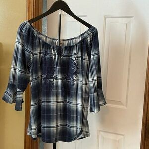 Como Vintage Navy Plaid Off-Shoulder Blouse